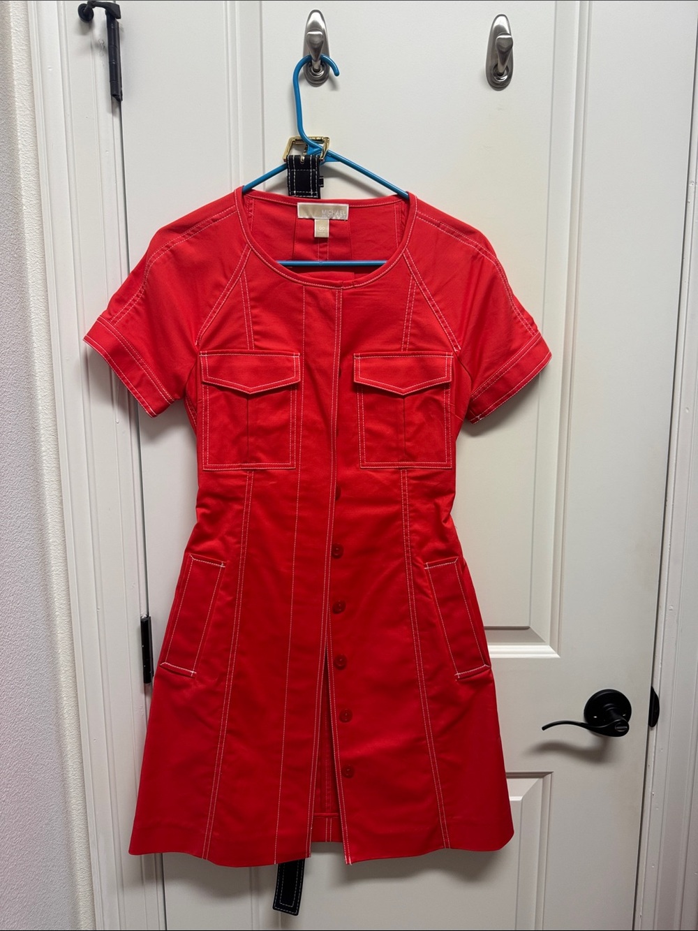 Michael Kors Red Button-Front Short Sleeve Pocket Dress